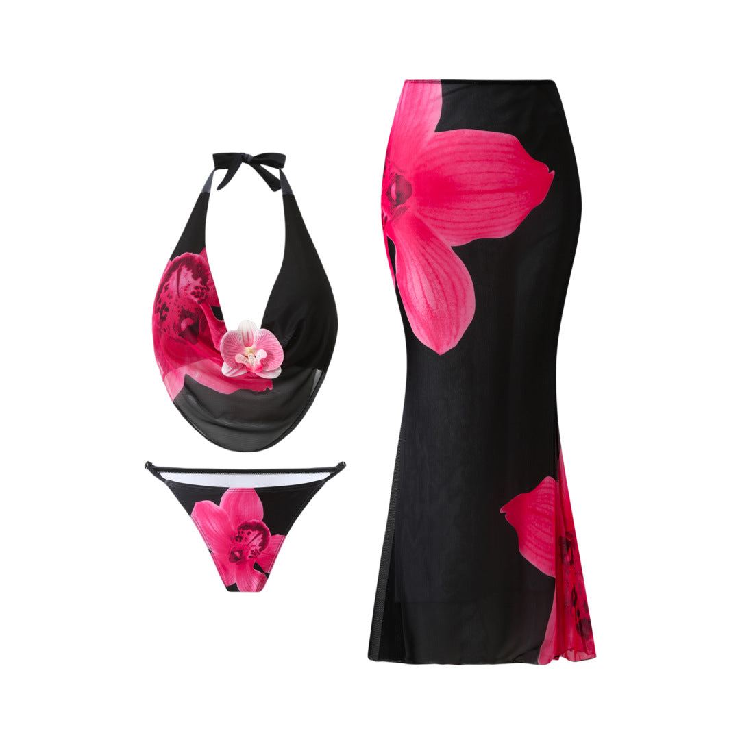 Bikini Mesh Floral Print Three Piece Skirt Sunscreen Swimsuit Women Bella Mia
