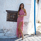 Summer Women Clothing French Small Floral Oblique Shoulder Dress Sexy Side Split Tied Dress Bella Mia
