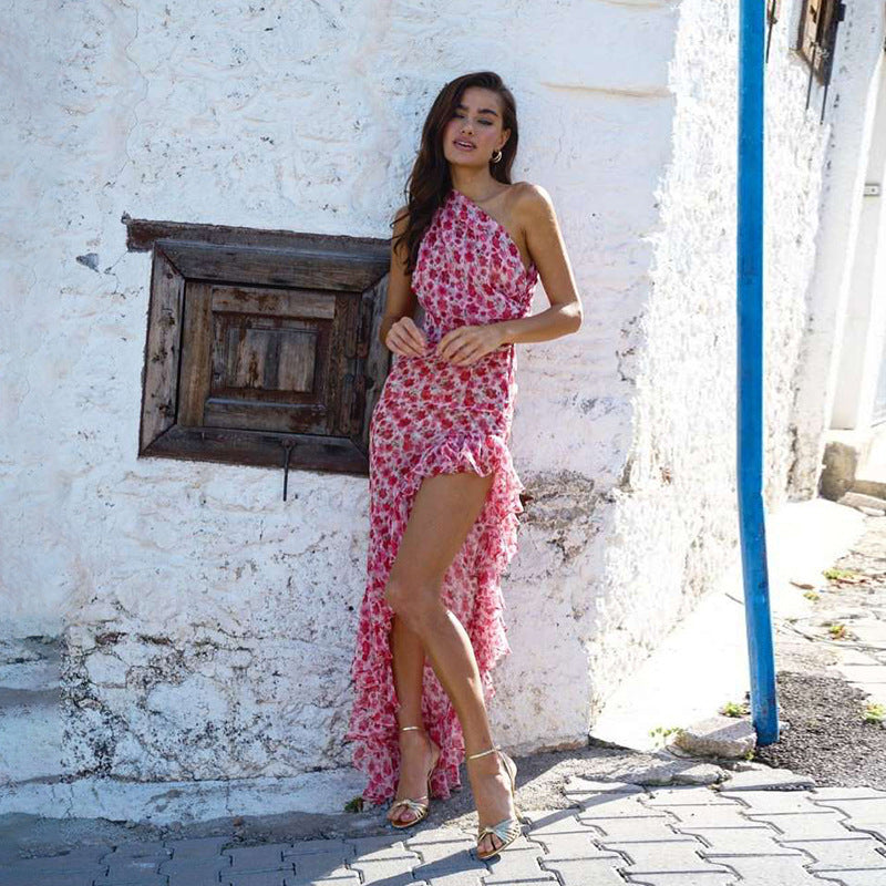 Summer Women Clothing French Small Floral Oblique Shoulder Dress Sexy Side Split Tied Dress Bella Mia