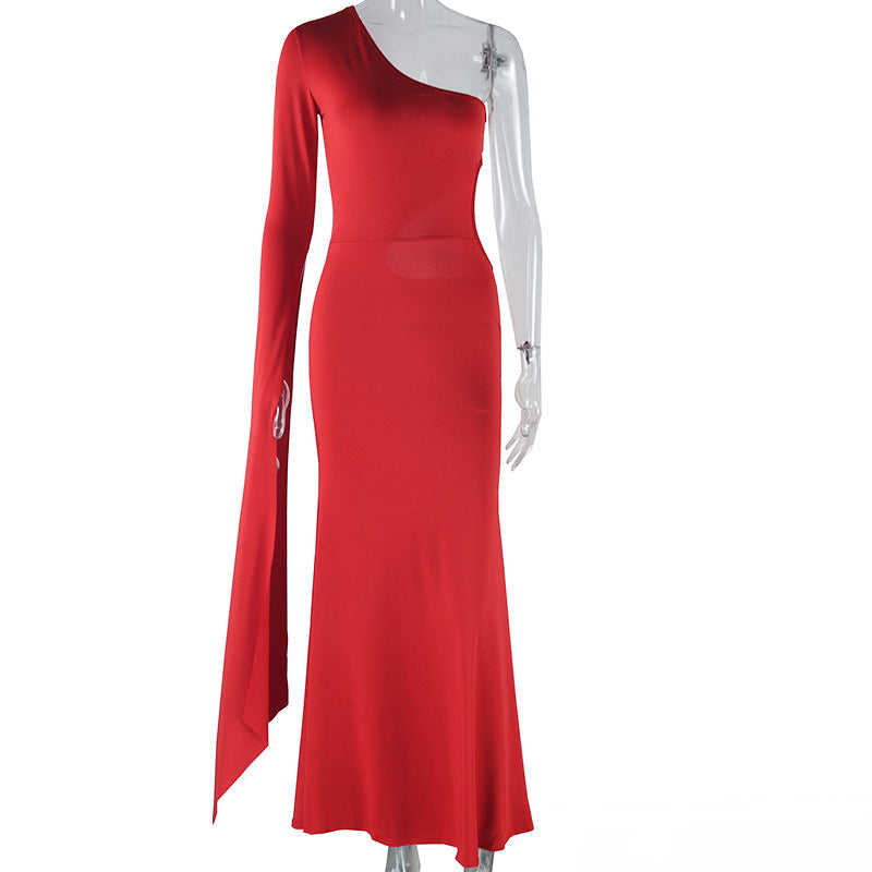 Women Clothing Solid Color Dress Sexy Cold Shoulder Sleeveless Bell Sleeve Hollow Out Cutout out Elegant Dress Dress Bella Mia