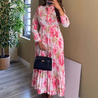 Women Elegant Vacation Waist Trimming Printing Long Sleeve Pleated A line Dress Bella Mia