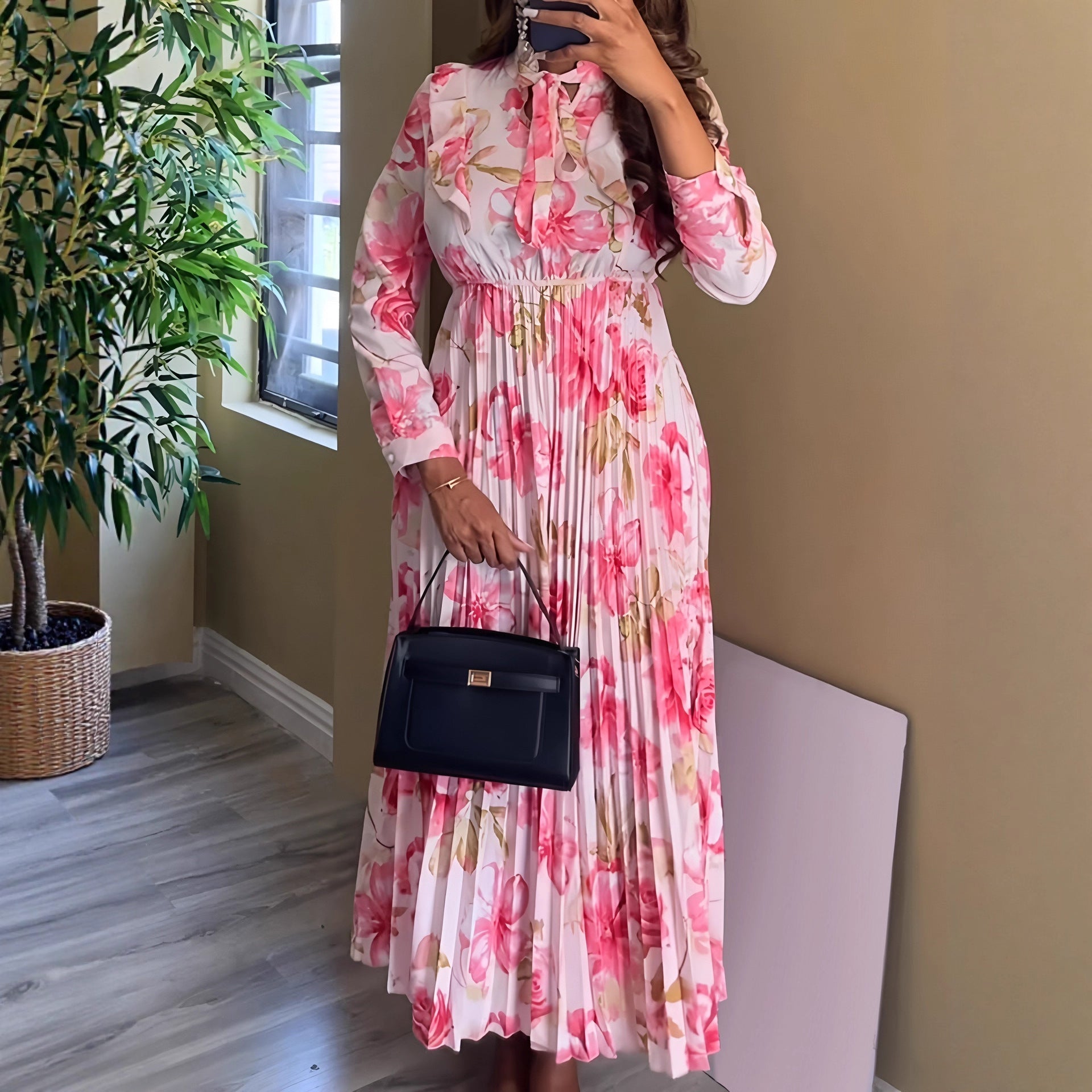 Women Elegant Vacation Waist Trimming Printing Long Sleeve Pleated A line Dress Bella Mia