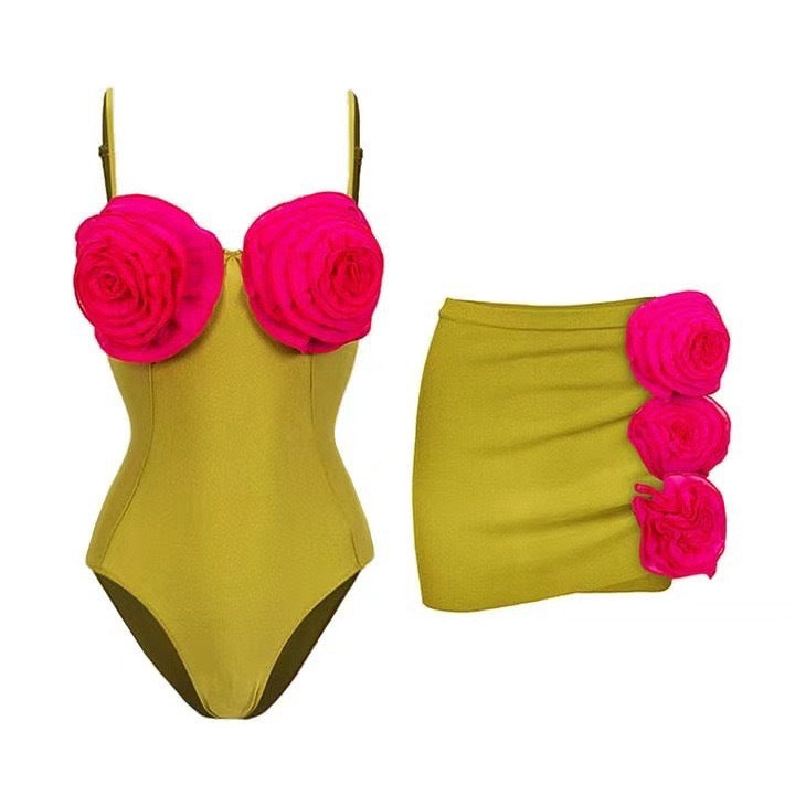 French One Piece Solid Color Women Swimsuit Solid Color Sexy Floral Short Skirt Swimsuit Women Bikini Bella Mia