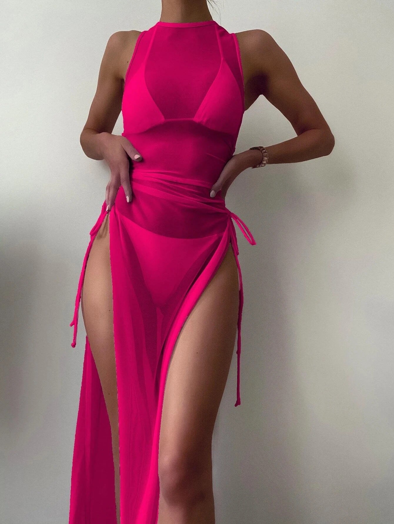 Swimsuit Women Split Three Point Solid Color Mesh Three Piece Suit Internet Celebrity Bikini Bella Mia