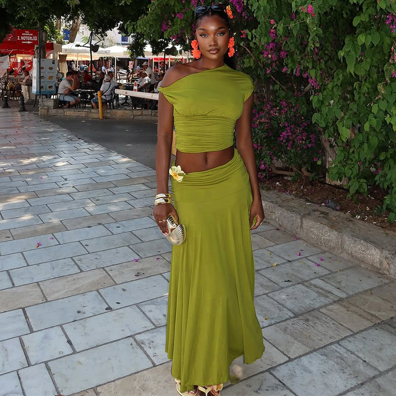 Women Clothing Summer One Shoulder Pleated Slim Fit Skirt Set Bella Mia