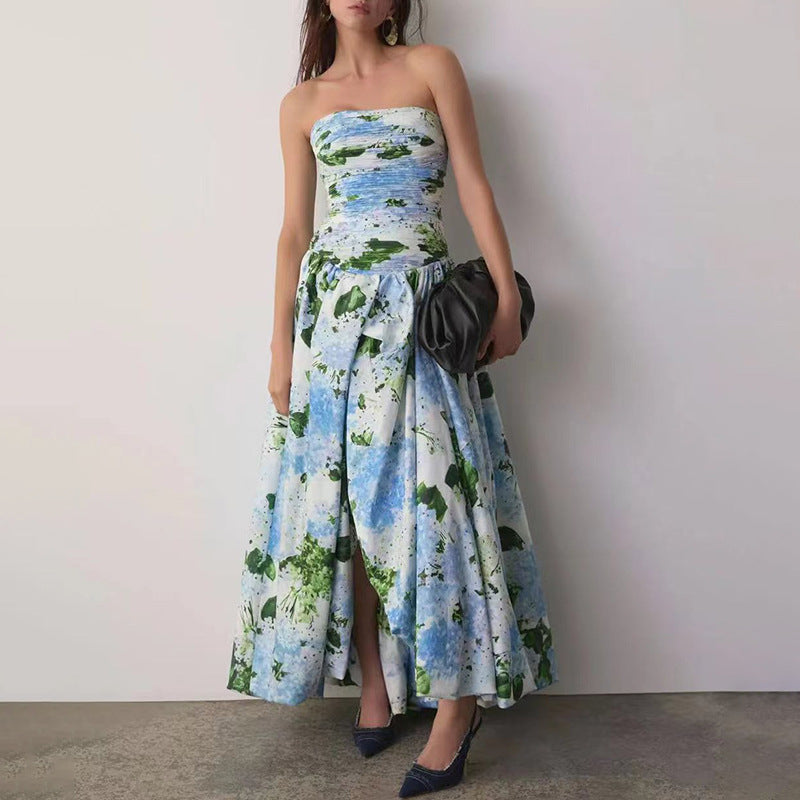 Seaside Vacation Dress for Women Summer Fresh Printed Sleeveless Tube Top Tight Waist Slimming Slit Maxi Dress