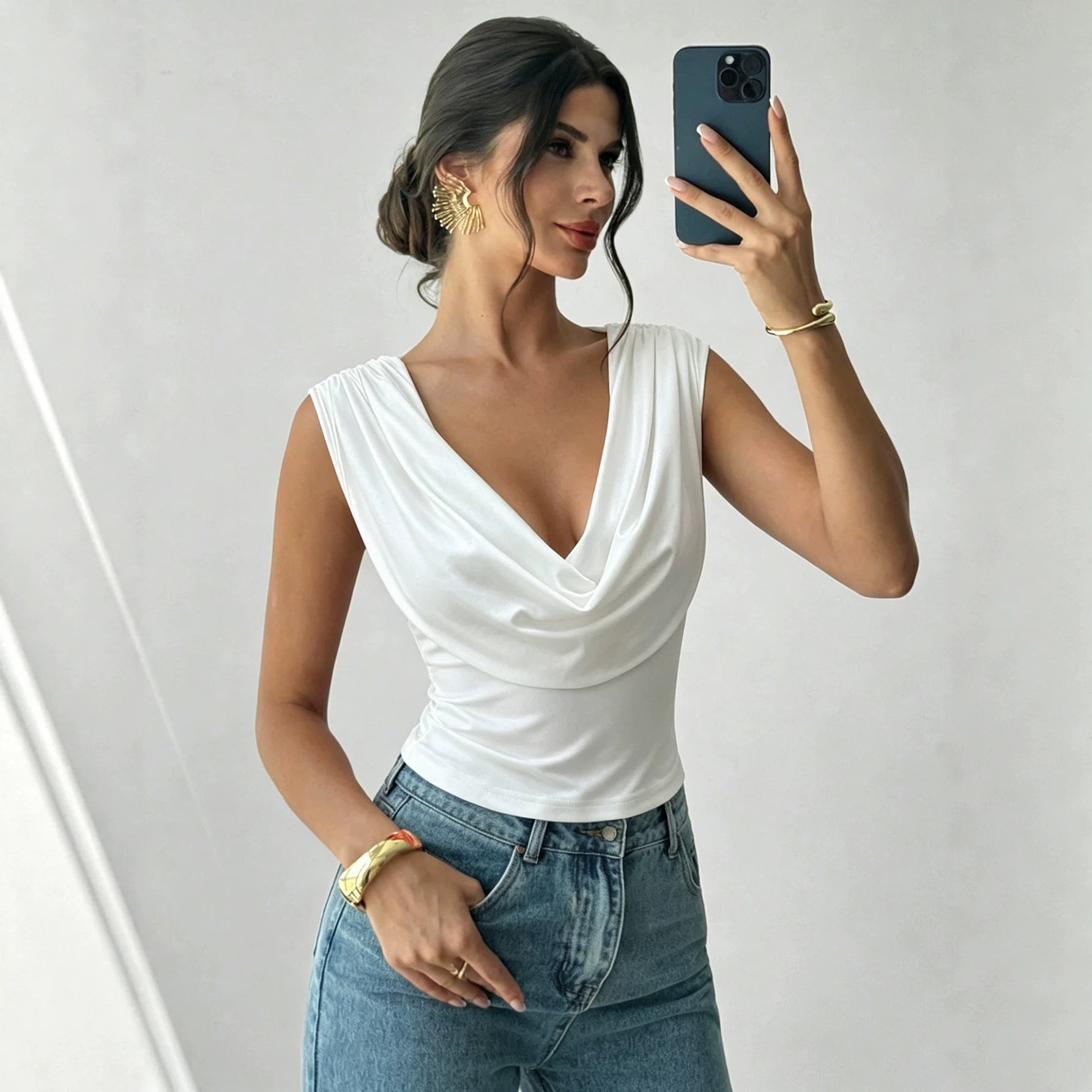 Summer Swing Collar Sleeveless T shirt Waist Slimming Sexy Short Top Women Bella Mia