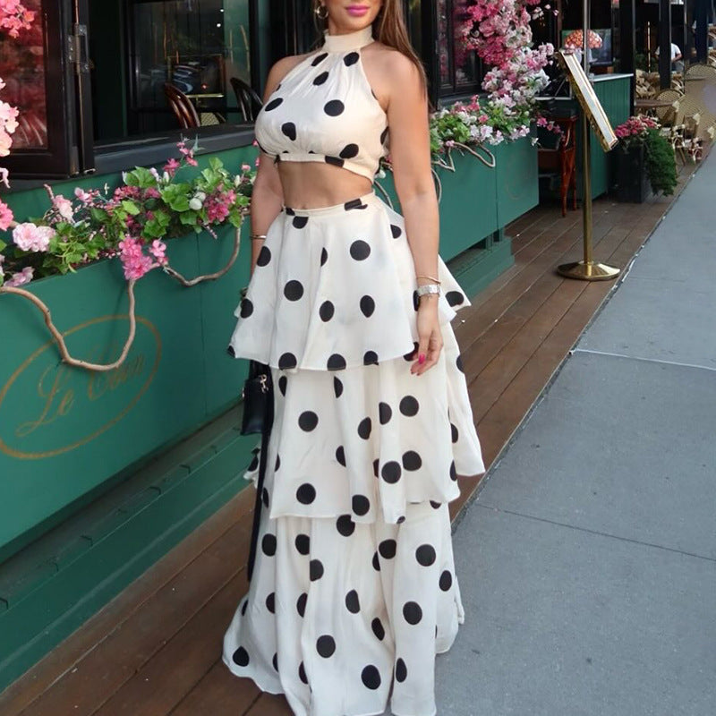 French Polka Dot Sweet Sexy Women ummer Halter Sleeveless Vest High Waist Flounced Skirt Set Bella Mia