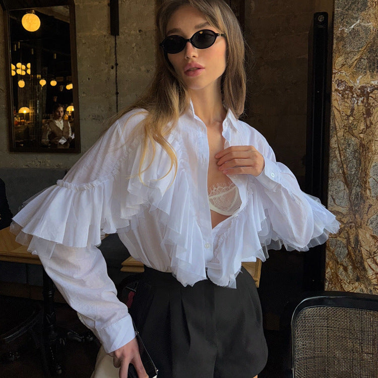 French Design Ruffled White Shirt Women Autumn Polo Collar Long Sleeve Office All Match Top Bella Mia