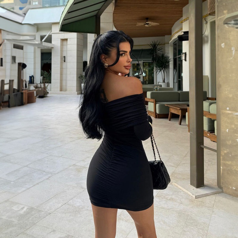 Arrival Solid Color Pleated Diagonal Collar Slim Sheath Elegant Short Dress Bella Mia