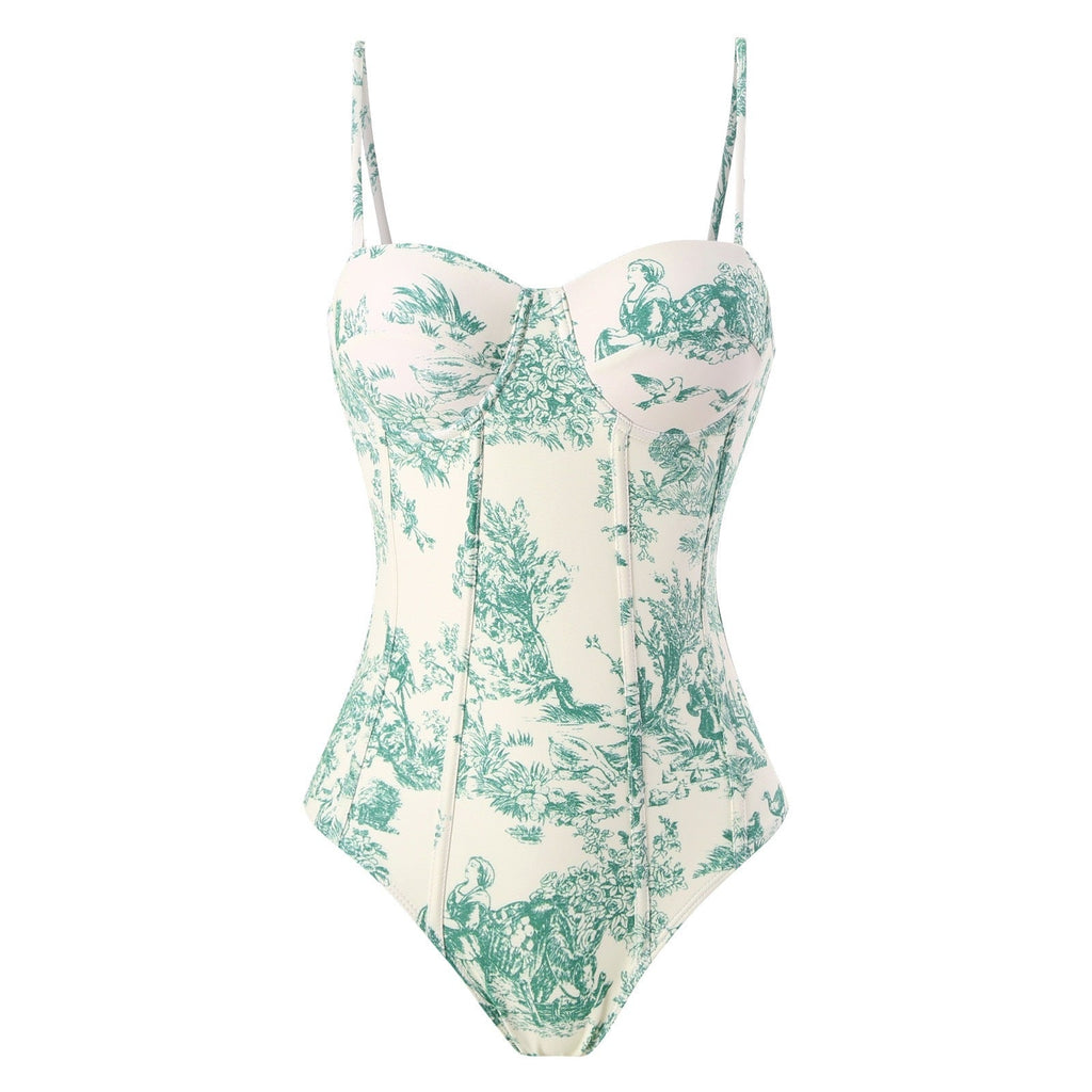 One Piece Swimsuit Women Skinny Slimming Retro Lace up Sun Protection Dress Two Piece Hard Bag Swimsuit Bella Mia