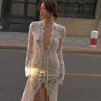 Autumn Winter Women Clothing Sexy Lace Cutout Deep V Plunge neck Lace up Slit Slim Fitting Long Sleeve Dress Bella Mia