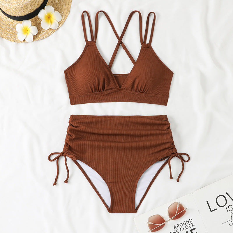 Swimwear Bikini Split High Waist Sunken Stripe Sexy Swimsuit Women Solid Color Split Swimsuit Swimsuit Bella Mia