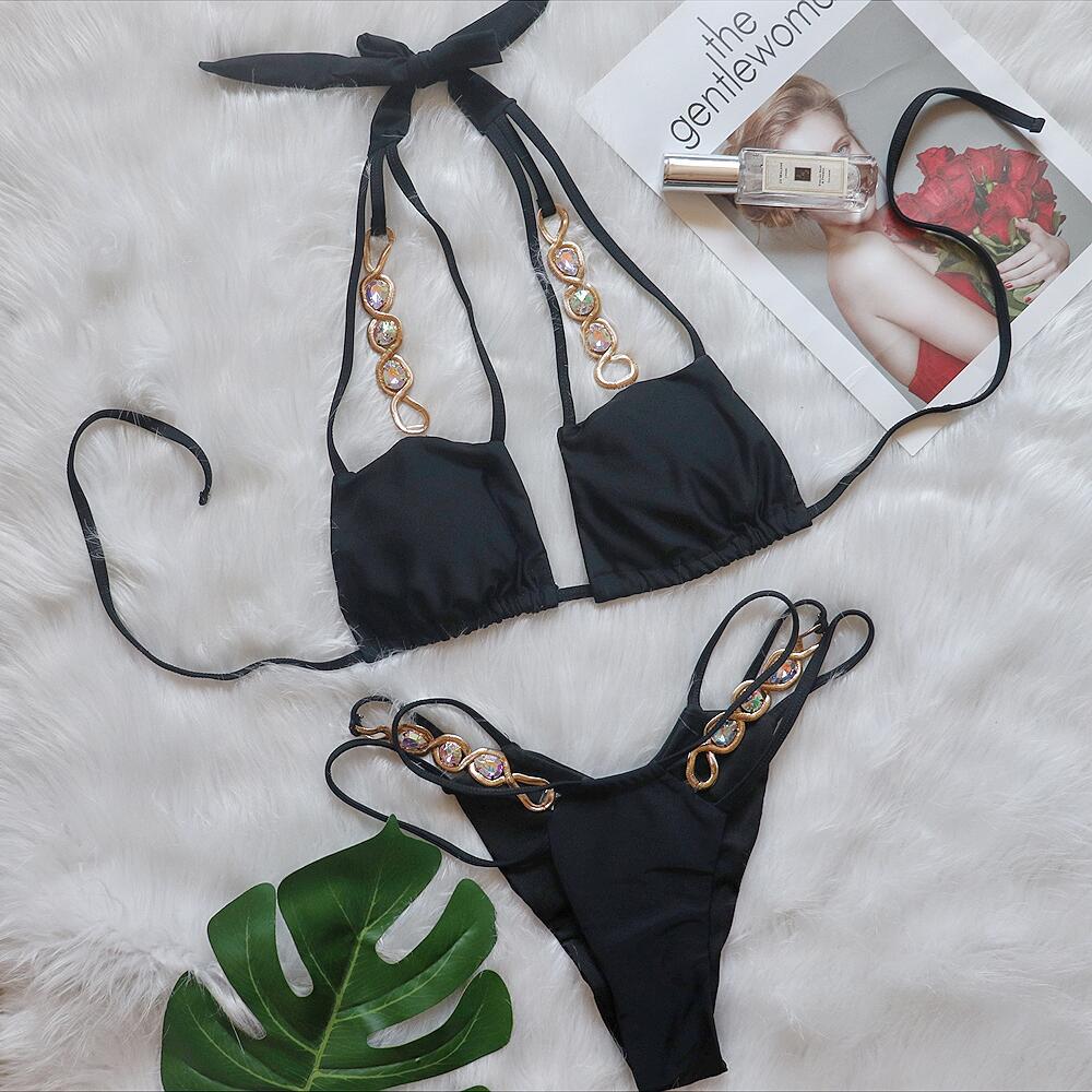 Sexy Removable Chest Pad Bikini Crystal Diamond Swimsuit Bandage Hollow Out Hollow Out Cutout High Waist Split Swimsuit Bella Mia