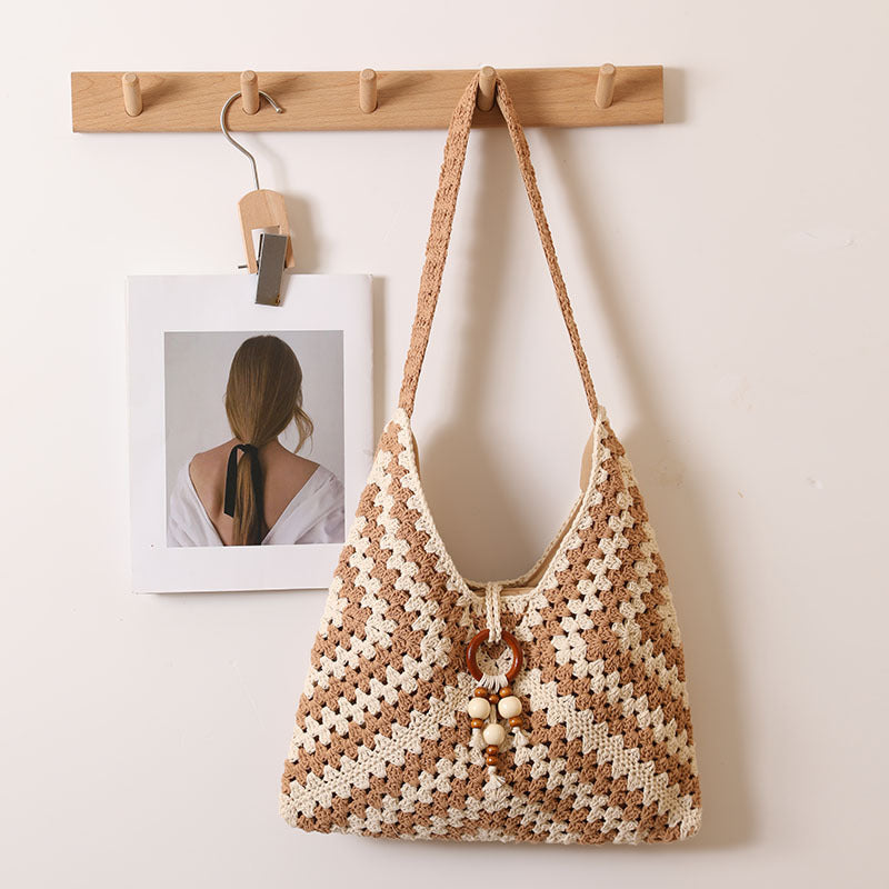 Ethnic Single Shoulder Cotton Thread Woven Bag Color Grandmother Grid Straw Bag Vacation Beach Bag Women Bag Bella Mia
