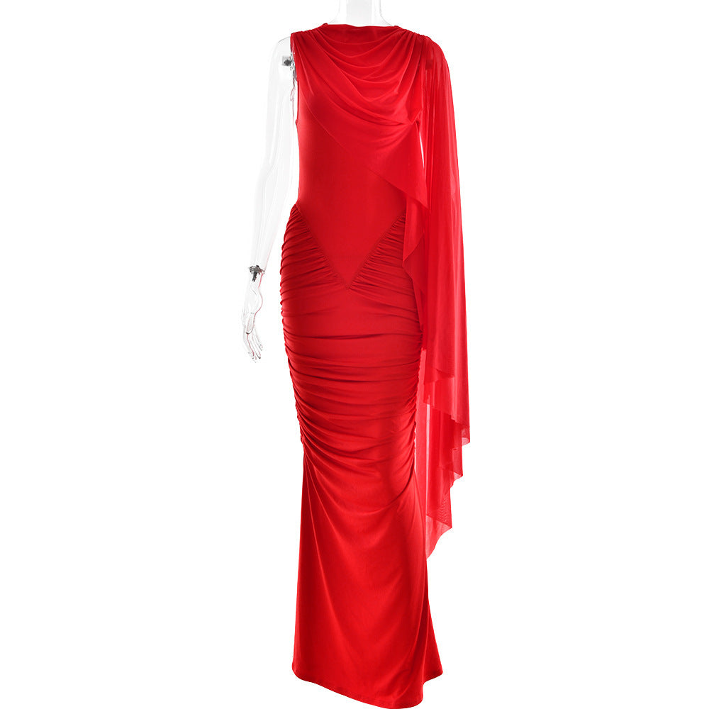 Fashionable Pleated Mesh Shawl Dress Sexy Sheath round Neck Slim Dress Bella Mia
