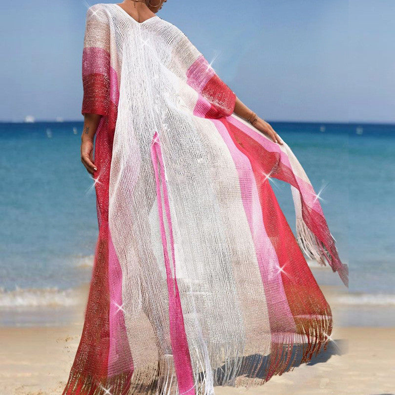 Mesh Color Matching Beach Cover up Sexy Cardigan Loose Fitting Tassel Sun Protection Shirt Beach Cover Up Bella Mia