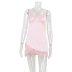 Summer V neck Lace Edge Dress Satin Skin Friendly Sexy Pink Sling Pajamas Bella Mia