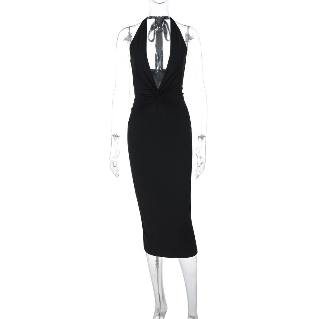 Sexy Deep V Plunge neck Sleeveless Solid Color Backless Street Sheath Mid Length Halter Dress Women Clothing Bella Mia