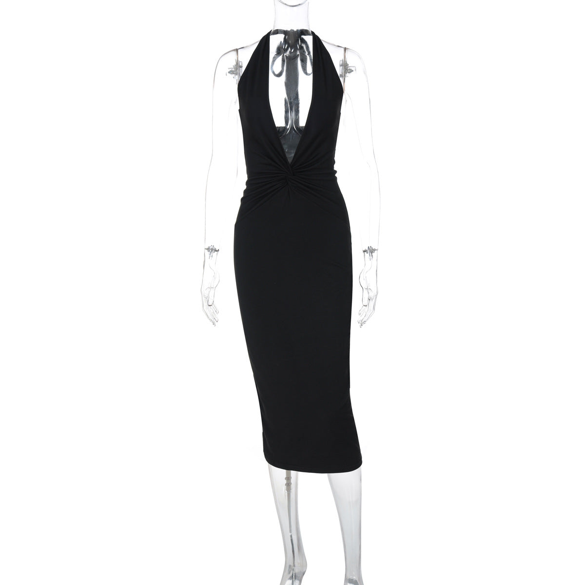 Sexy Deep V Plunge neck Sleeveless Solid Color Backless Street Sheath Mid Length Halter Dress Women Clothing Bella Mia