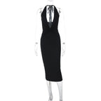 Sexy Deep V Plunge neck Sleeveless Solid Color Backless Street Sheath Mid Length Halter Dress Women Clothing Bella Mia