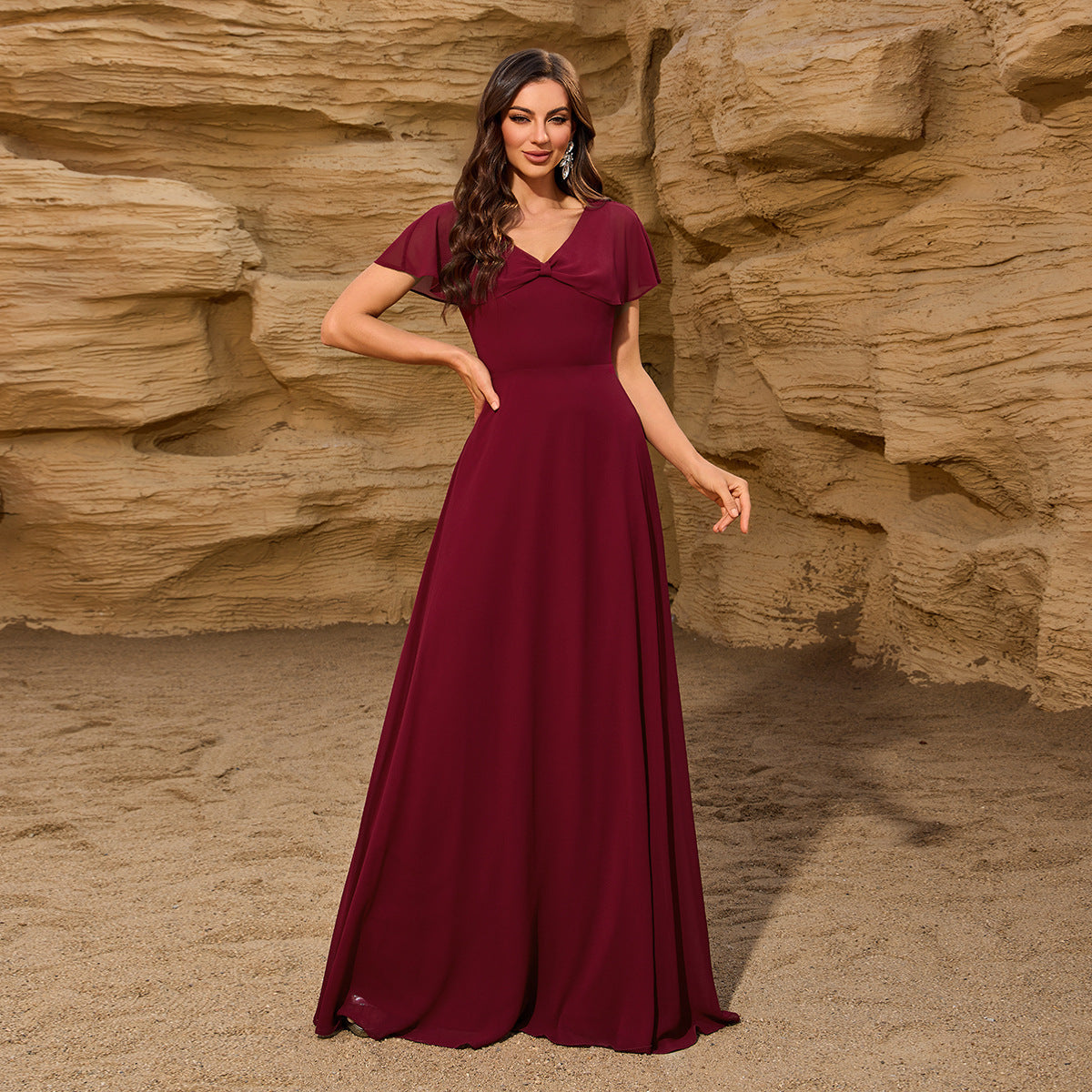 Chiffon V neck Bowknot Shawl Back Zipper a Large Swing Fully Lined Elegant Evening Dress Women Bella Mia