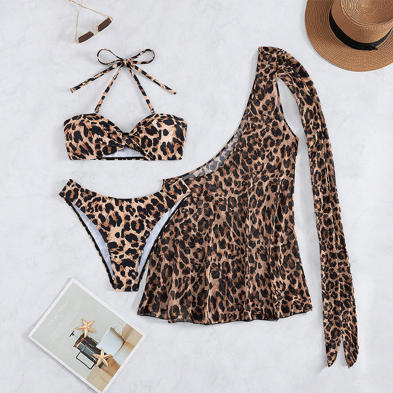 Leopard Print Swimwear Women Three Piece Sexy Bikini Sun Proof Skirt Halter Swimsuit