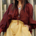 Autumn Ladies Loose Solid Color V neck Long Sleeve Casual Top Bella Mia