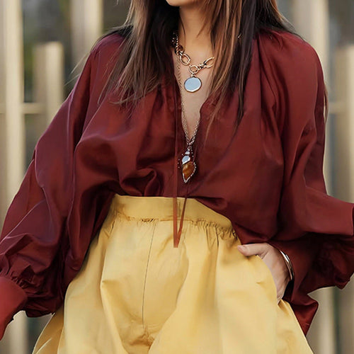 Autumn Ladies Loose Solid Color V neck Long Sleeve Casual Top Bella Mia
