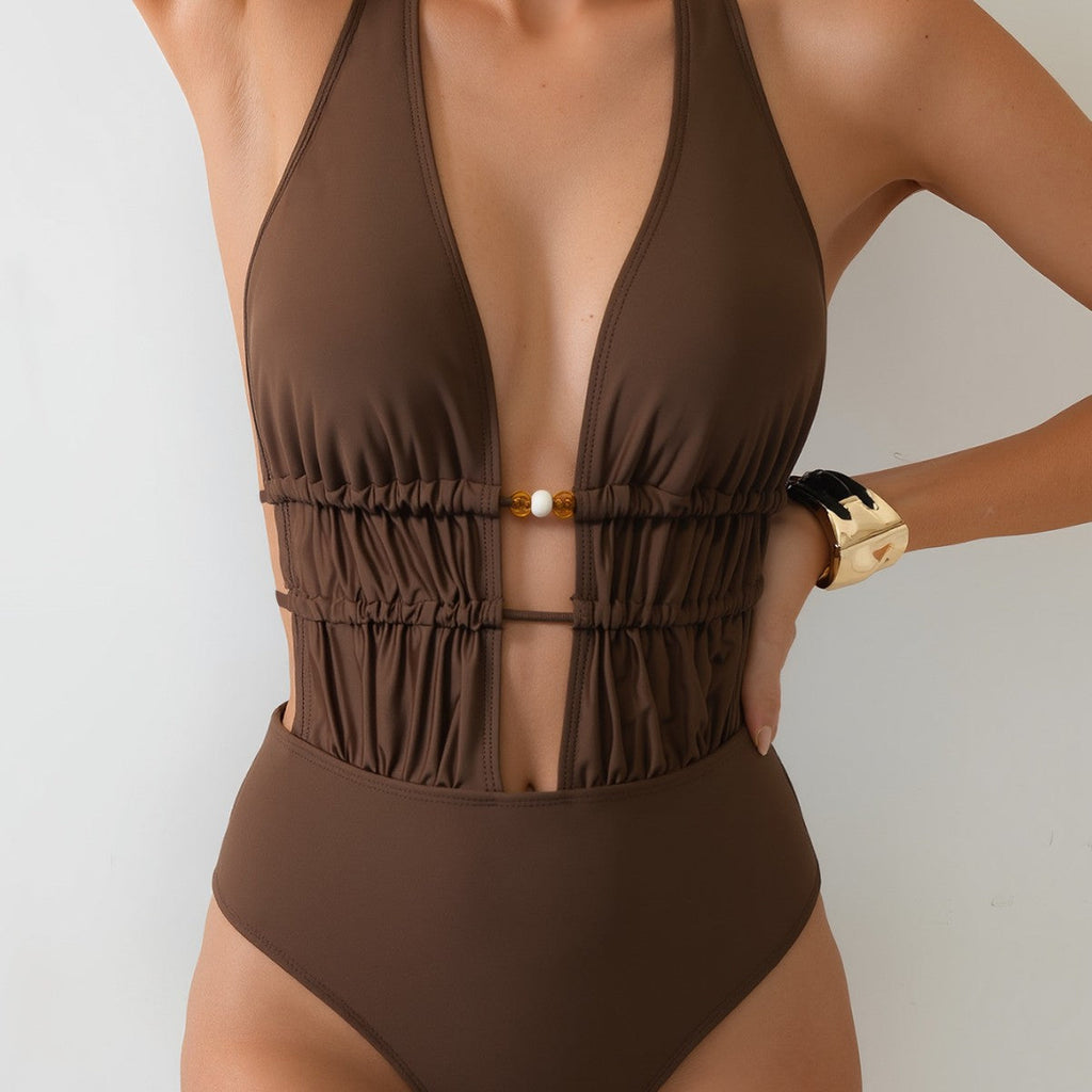 Bikini Solid Color Lace up One Piece Sexy Backless Siamese Bikini Swimsuit