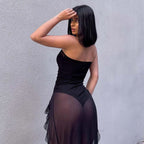Spring Summer Women Mesh Sexy Personalized Irregular Asymmetric Slit Tassel Tube Top Jumpsuit Women Bella Mia