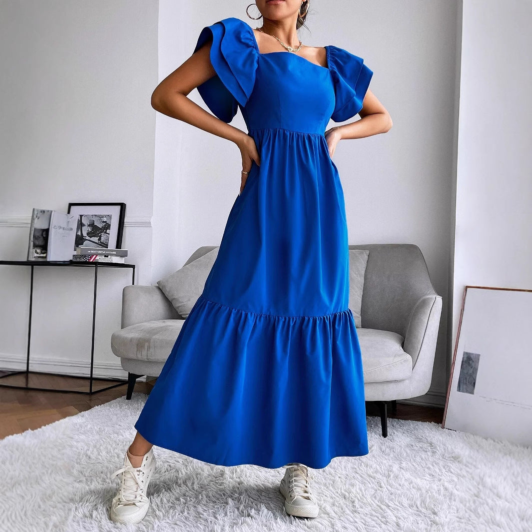 Women Clothing Ruffled A line Dress off Neck Flying Sleeves Solid Color Long Dress
