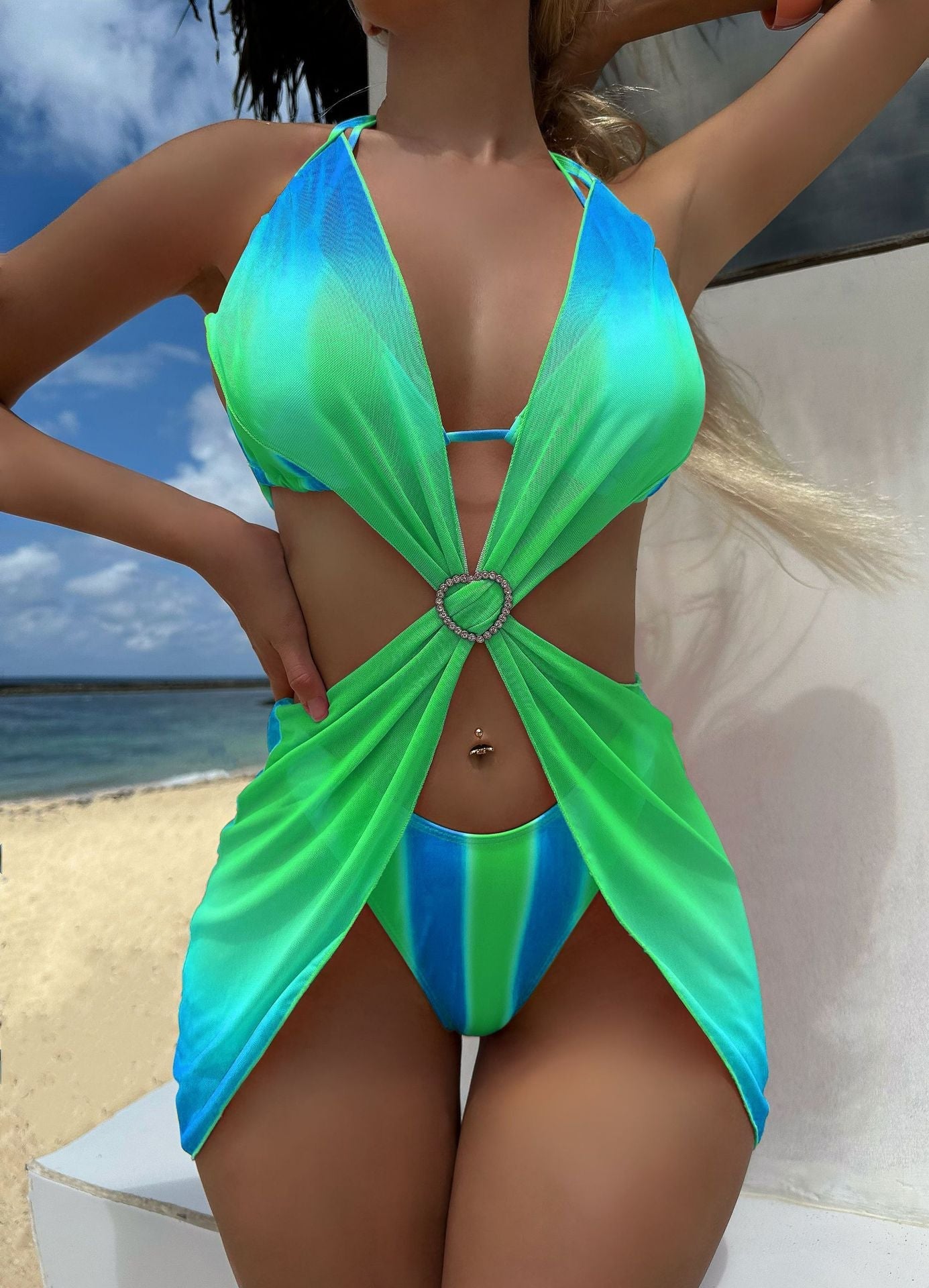 Striped Gradient Love Tulle Skirt Three Piece Sets Swimwear Swimsuit Bikini Bella Mia
