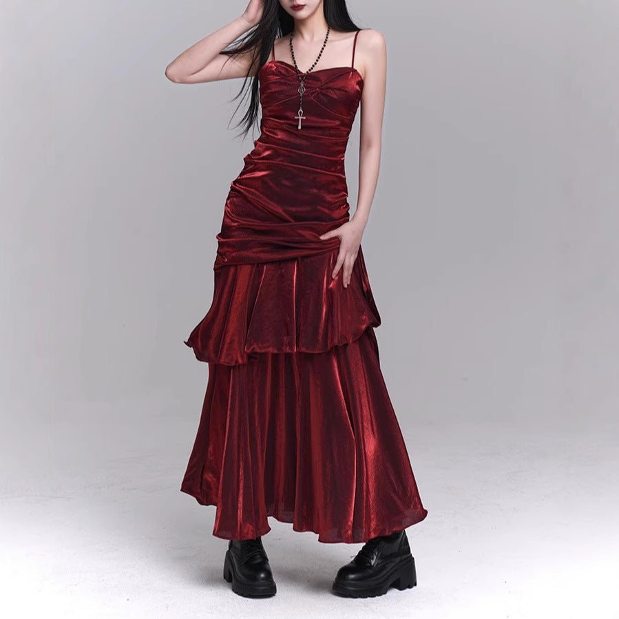 Dark Red Suspenders Dress Concert Birthday Dress High Grade Party Little Dress Bella Mia