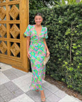 Summer French Puff Sleeve V neck Printing Dress Bella Mia