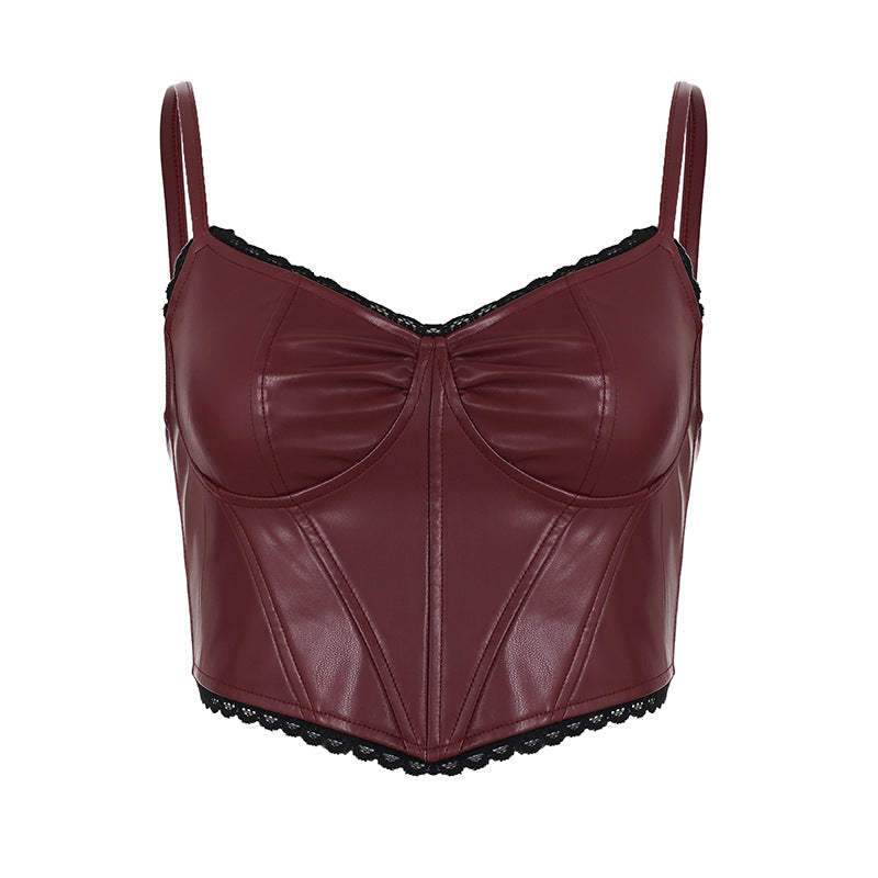 Lace Stitching Leather Vest Women Trendy Sexy Short Split Chest Strap Bella Mia