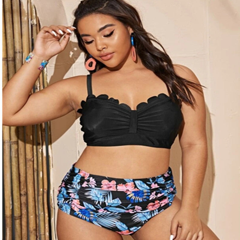 Plus Size Split Swimsuit Printed Cut Edge Contrast Color Women High Waist