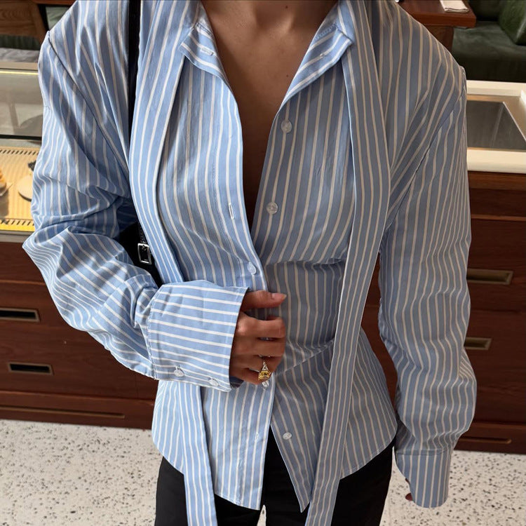 Women Clothing Striped Collared Shirt Women Waist Controlled Long Sleeves Lace up Cardigan Shirt Top Bella Mia