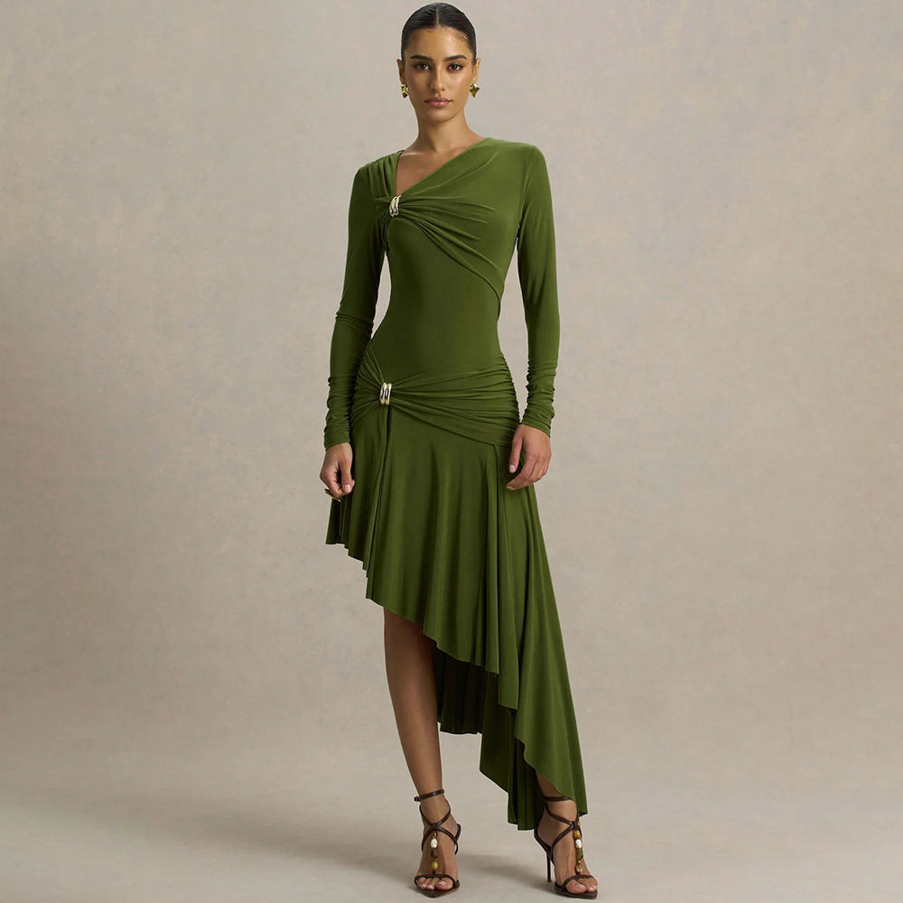 Autumn Winter Graceful Fashionable Women Slim Dress Sexy Pleated Irregular Asymmetric Maxi Dress Bella Mia