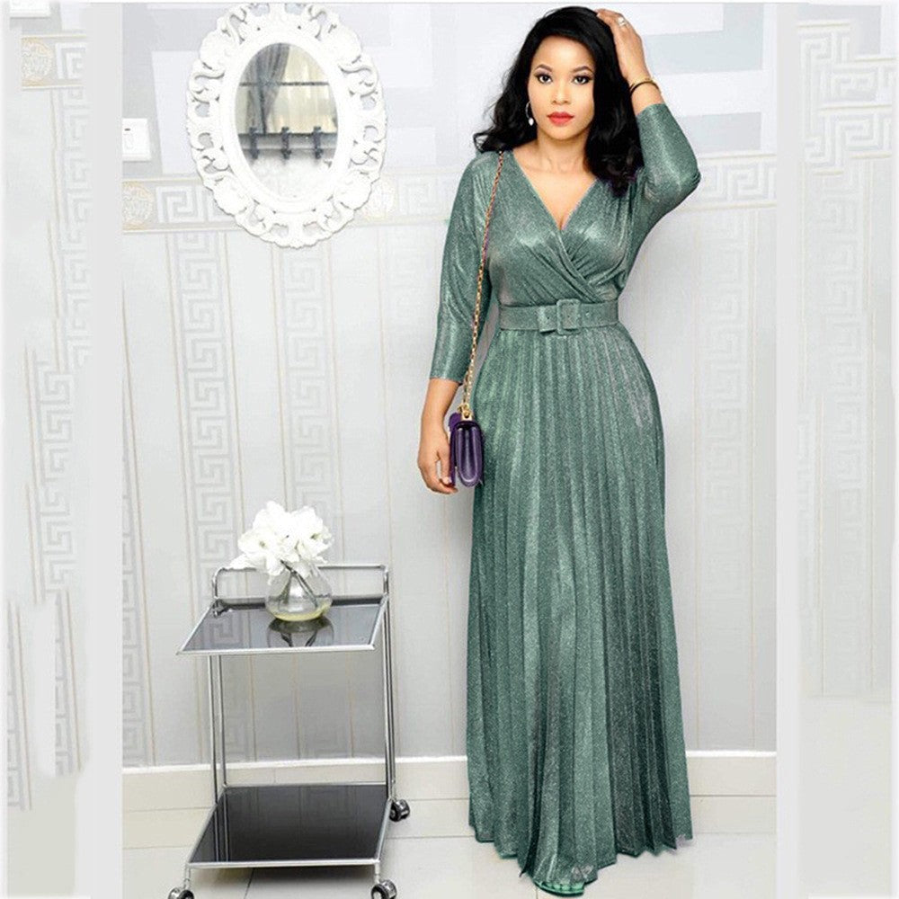 Winter African Women Wear Long Sleeve Bronzing Pleated Swing Dress with Belt Glittering Powder Fabric Bella Mia