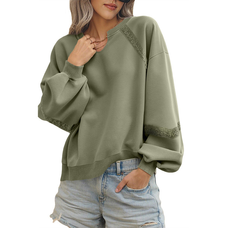 Solid Color Half Open Collar Stitching Lace Loose Stylish Long Sleeves Sweater Bella Mia