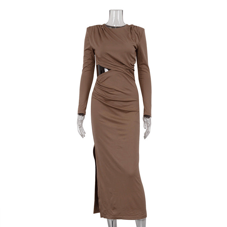 Spring Hip Slim Pleated Dress Solid Color round Neck Long Sleeve Split Hollow Out Cutout Dress Women Bella Mia