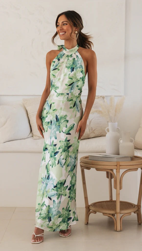 Spring Summer Floral Digital Printing Sweet Halter Mid Length Dress Bella Mia