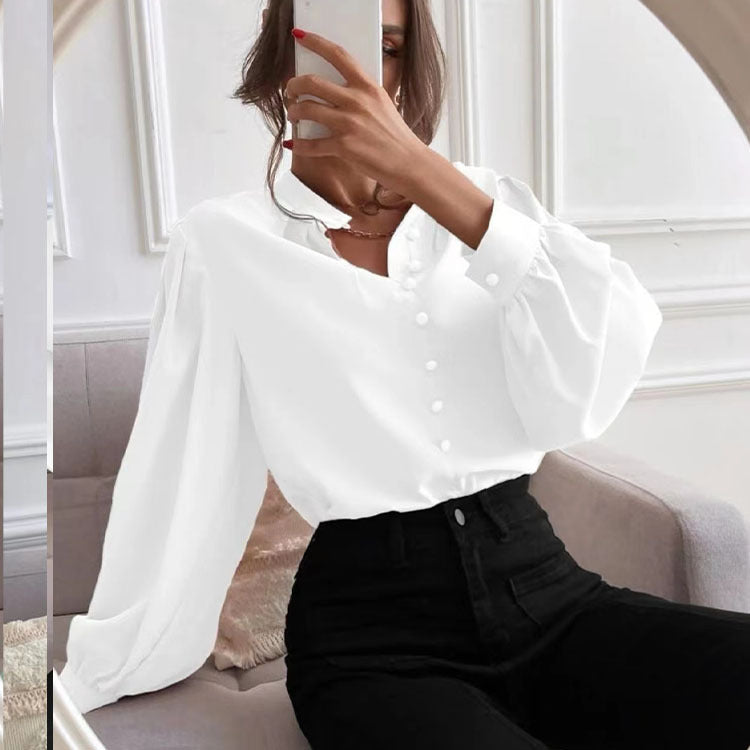 Women Shirt Autumn Elegant Solid Color Collared Long Sleeve Single Row Button Loose Women Top Bella Mia
