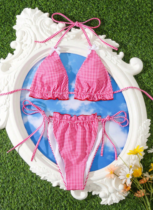 Sweet Sexy Bow Floral Plaid Split Vacation Swimsuit Women Bikini Bella Mia