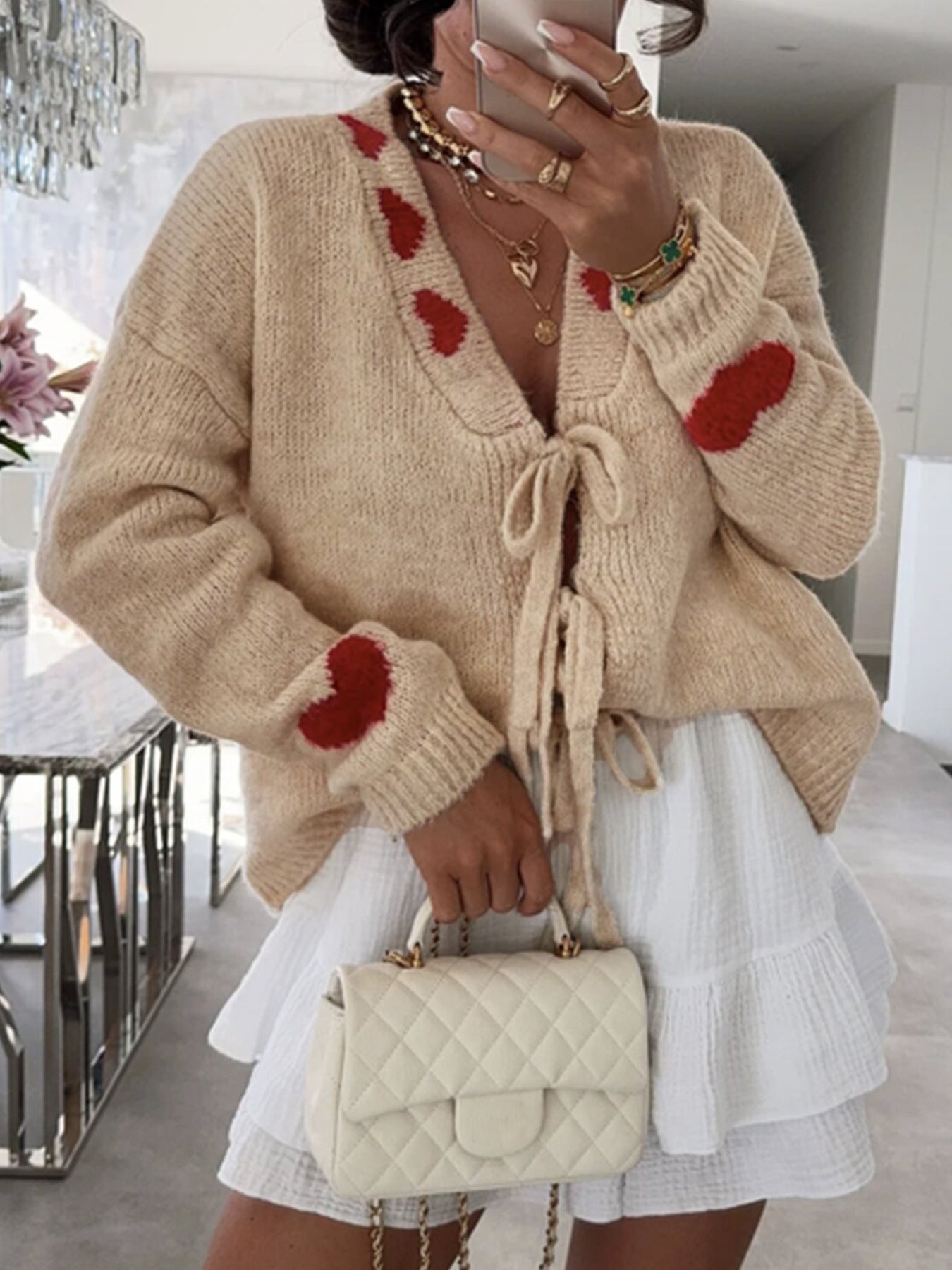 Outer Wear Stitching Sweater Coat Lace up Love Jacquard Knitted Cardigan Women Bella Mia