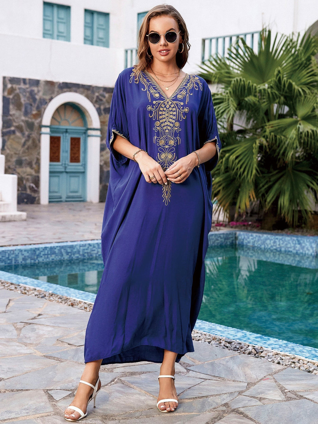 Navy Blue Rayon Embroidered Beach Cover Up Embroidered Robe Loose Sun Protection Shirt Beach Cover Up Bella Mia