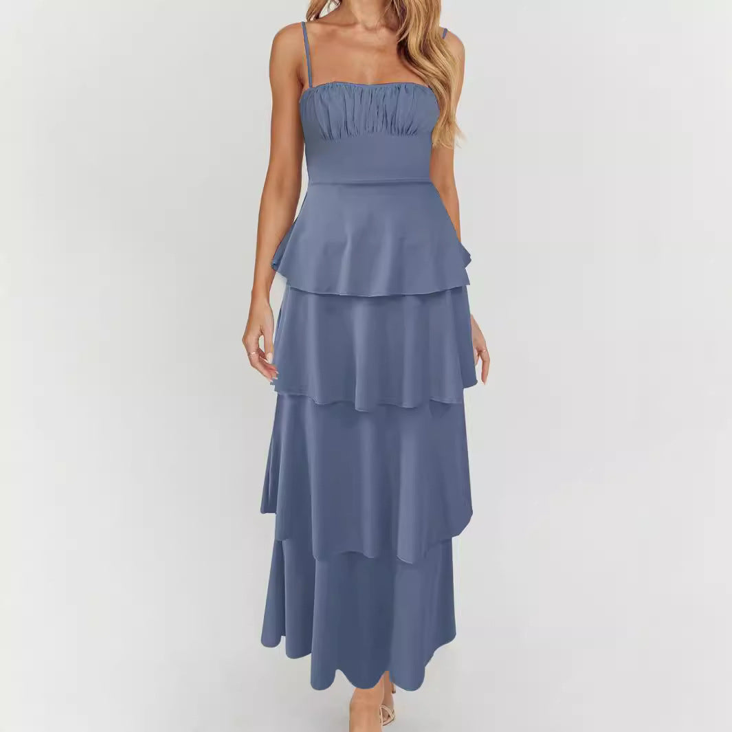 Sexy Backless Suspender Layered Dress Pleated Lace up Slim Fit Dress Bella Mia