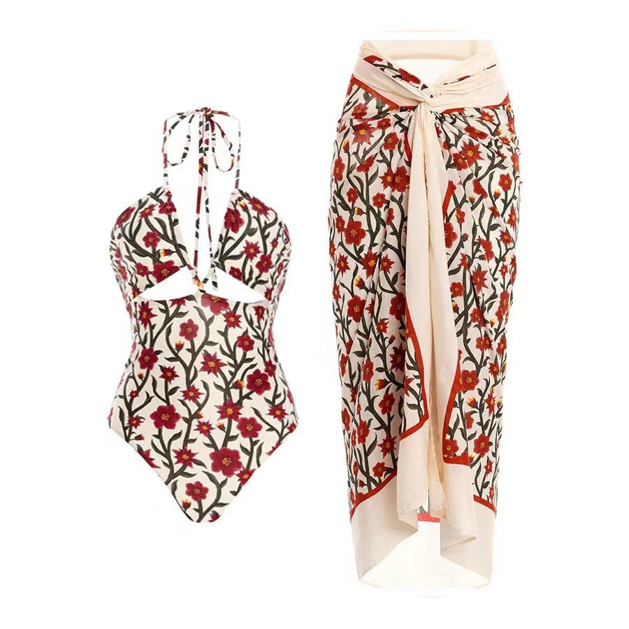 Two Piece Swimsuit Conservative Hollow Out Cutout out Tied Halter Sheath Gauze Skirt Swimsuit for Women Bella Mia