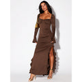 Arrival Pleated Ruffled Stitching High Slit Small Horn Long Sleeved Women Autumn Winter Dress Bella Mia